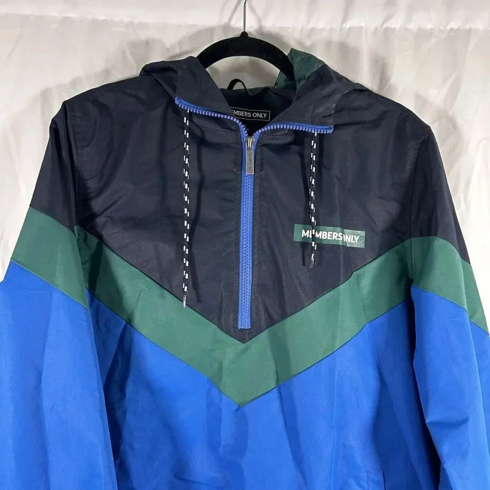 Members Only Jacket Men's Small Blue Green Hooded Pockets 1/4 Zip Pullover